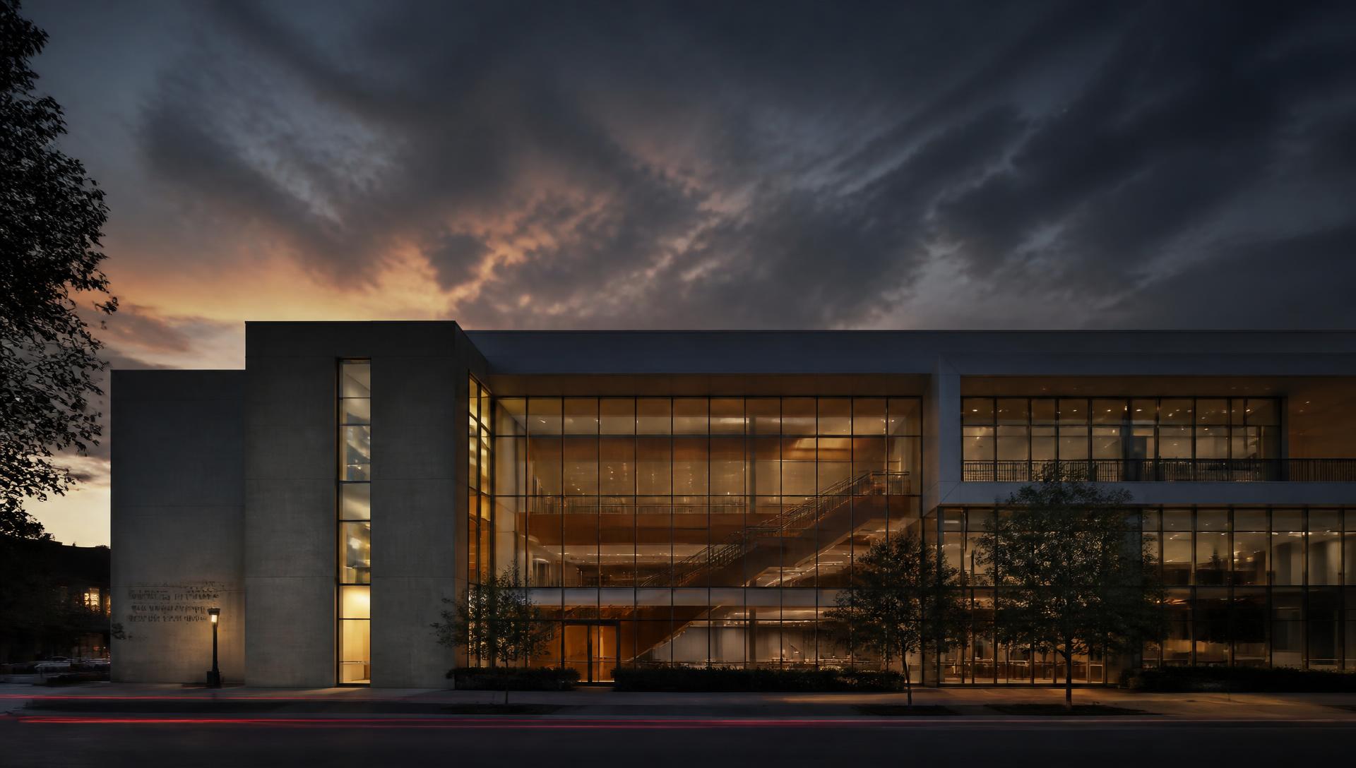 Contemporary building facade illuminated at dusk